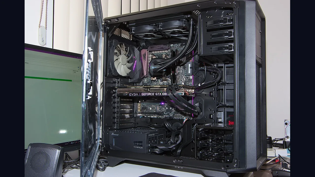 A gaming desktop computer with glowing internal lights