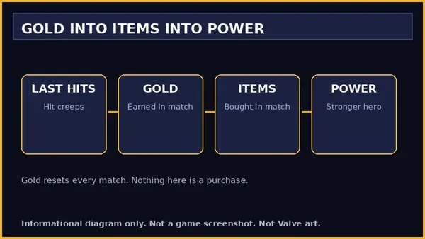 Informational diagram showing gold earned in a match turning into items and power