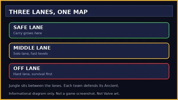 Informational diagram of the three lanes on a Dota 2 map