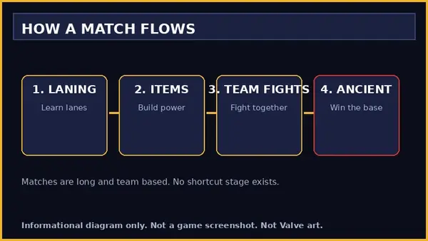 Informational diagram of match flow from laning to team fights to the Ancient
