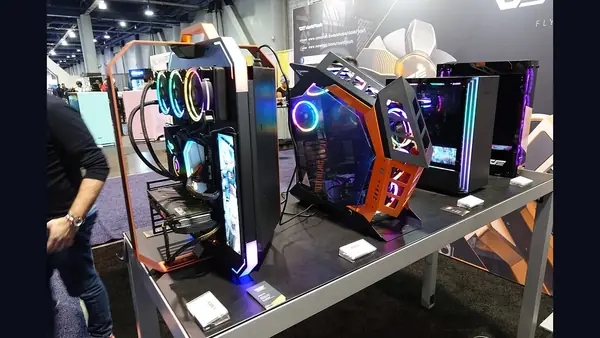 A row of gaming computers set up for play